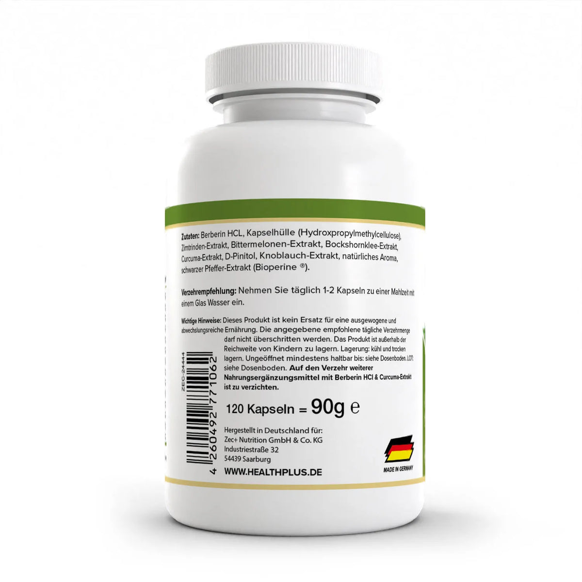 Healthplus Nährstoff Optimizer 120 Kapseln Rückseite Zutaten und Verzehrempfehlung weiße Kunststoffdose