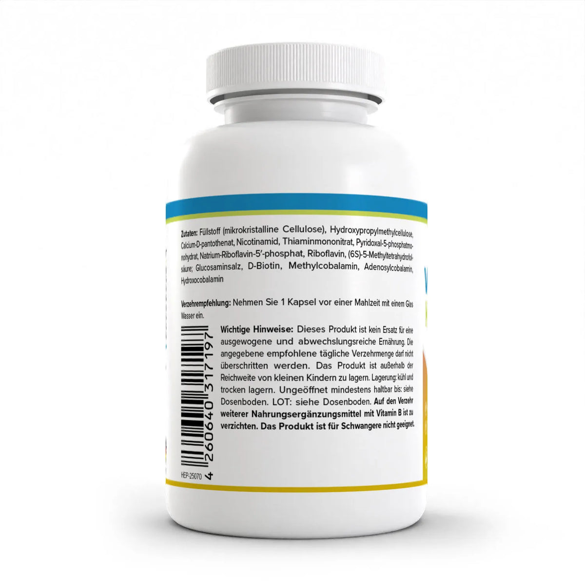 Healthplus Vitamin B Komplex 90 Kapseln Rückseite Zutaten und Verzehrempfehlung weiße Kunststoffdose