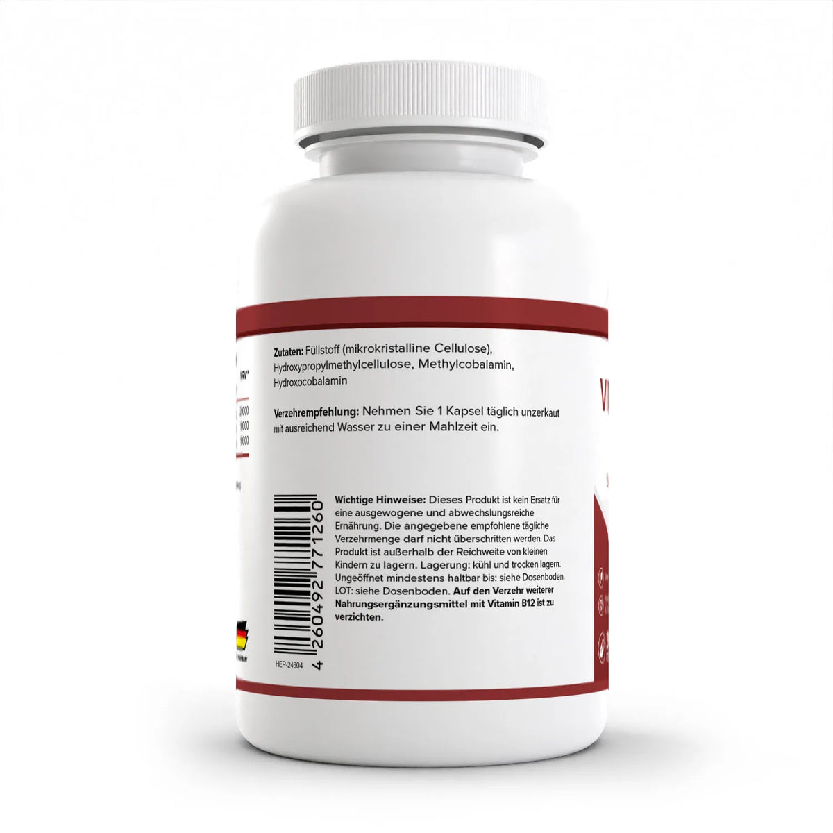 Healthplus Vitamin B12 240 Kapseln Rückseite Zutaten und Verzehrempfehlung weiße Kunststoffdose