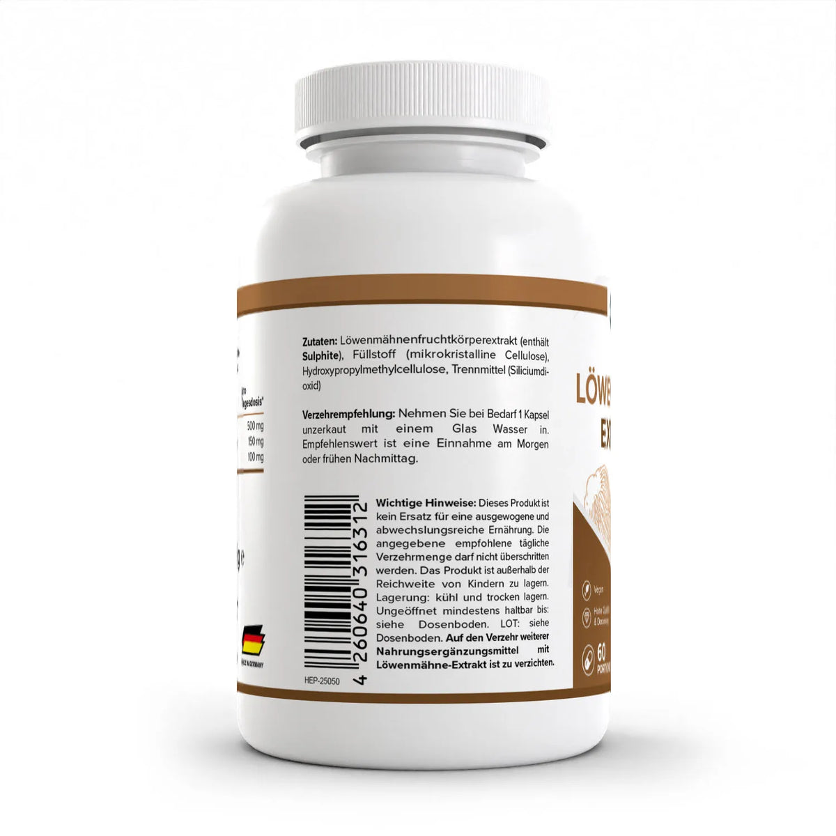 Healthplus Löwenmähne 60 Kapseln Rückseite Zutaten und Verzehrempfehlung weiße Kunststoffdose