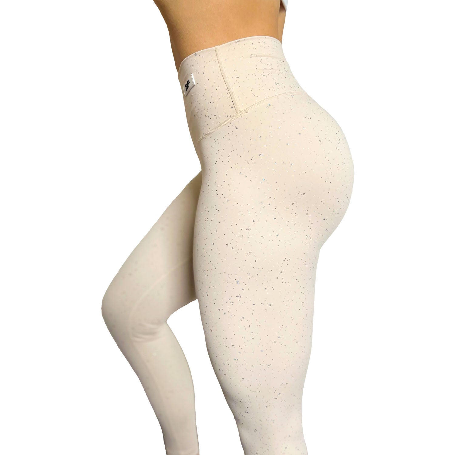 Zec+ Damen Leggings beige mit Glitzer, Seitenansicht, hoher Bund