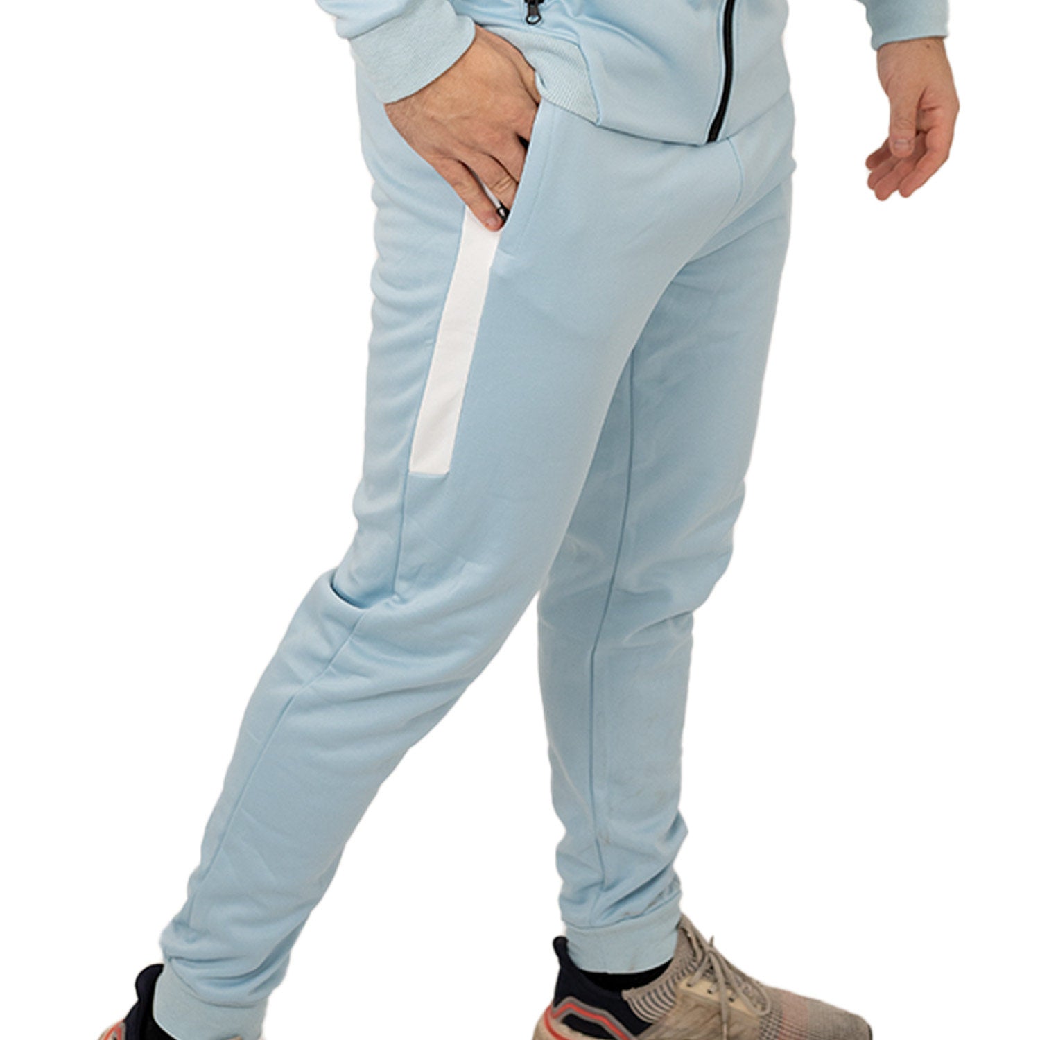 Zec+ Herren Tracksuit Hose in Blau, Seitenansicht mit weißem Streifen am Bein