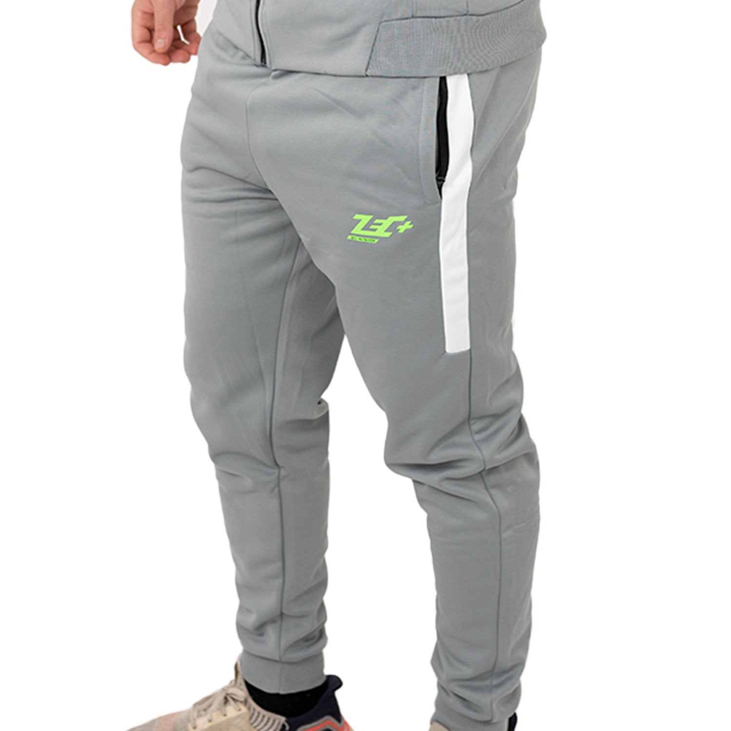 Zec+ Herren Tracksuit Hose in Grau, Seitenansicht mit weißem Streifen am Bein.
