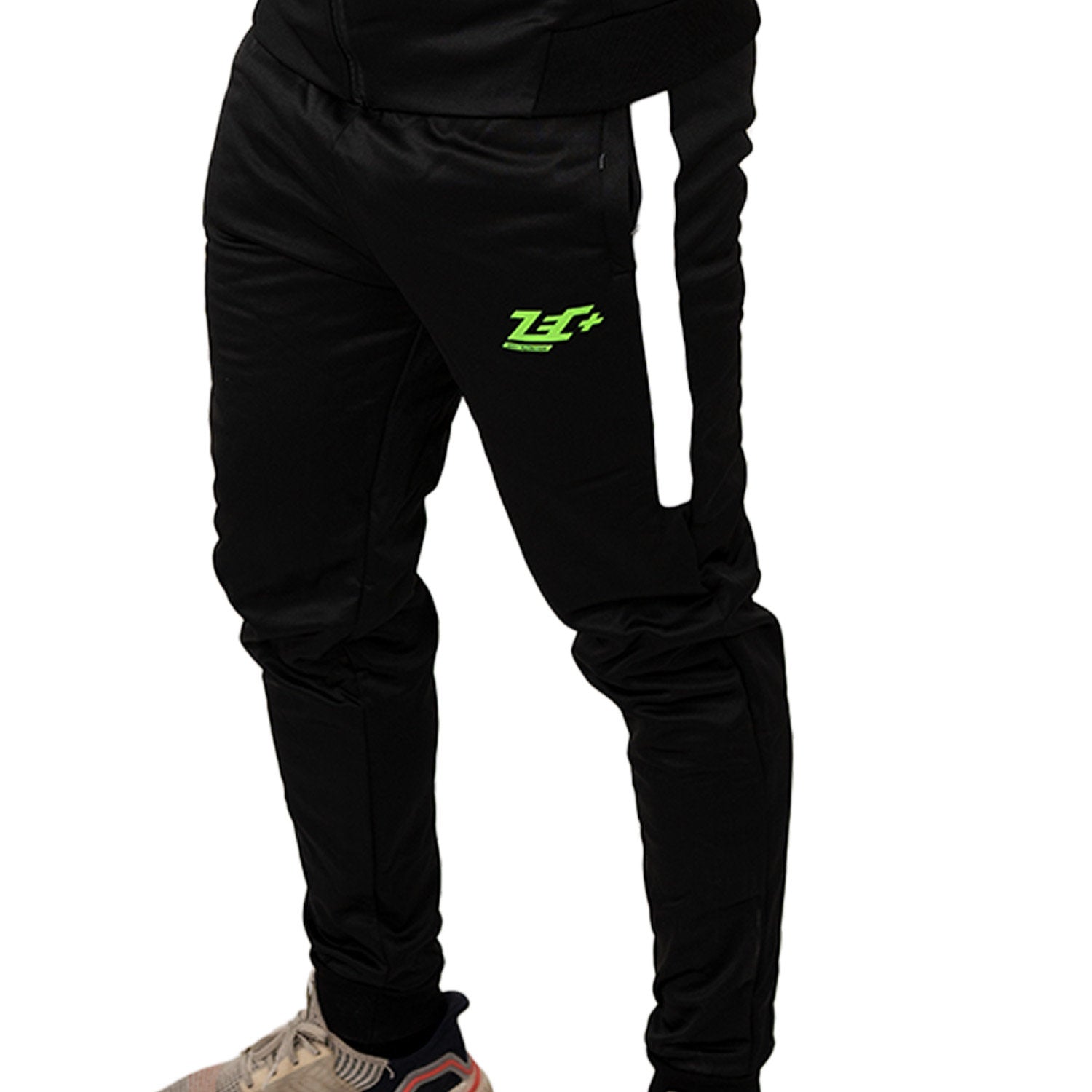 Zec+ Tracksuit Hose Herren in Schwarz, Seitenansicht mit weißem Streifen und Logo.