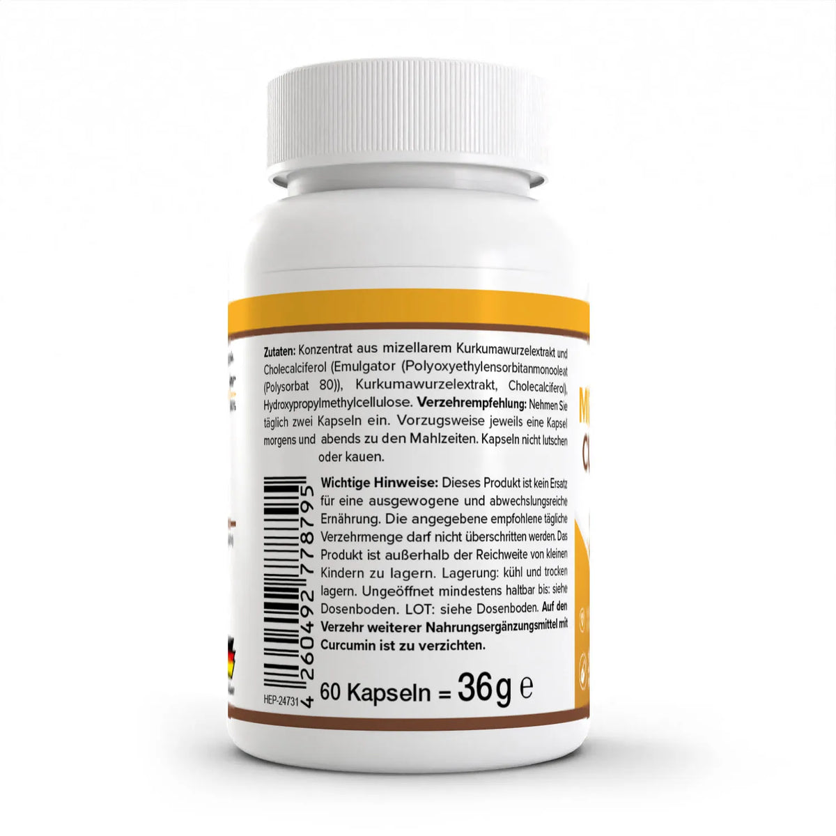 Healthplus Mizellares Curcumin 60 Kapseln Rückseite Zutaten und Verzehrempfehlung weiße Kunststoffdose