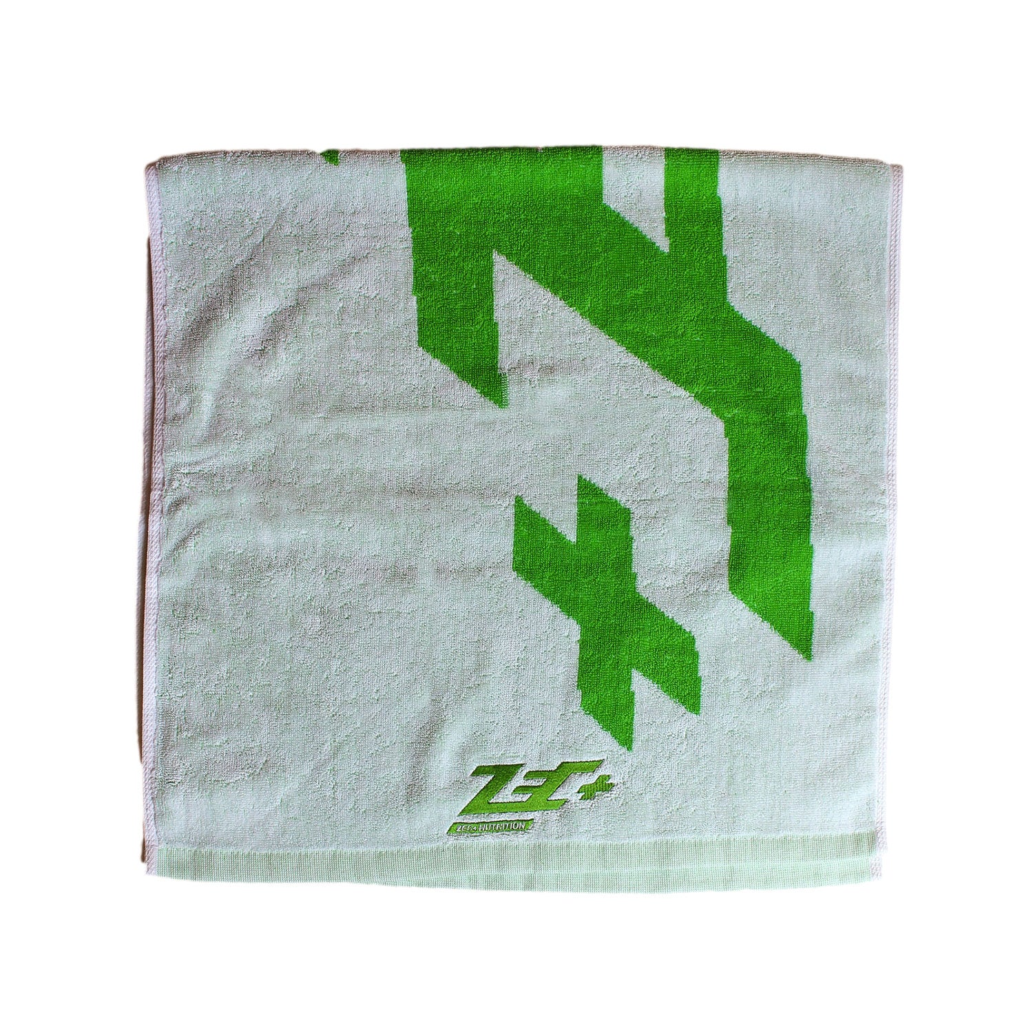 Zecplus Handtuch weiß zusammengefaltet Rückseite mit grünem Logo 100x51cm