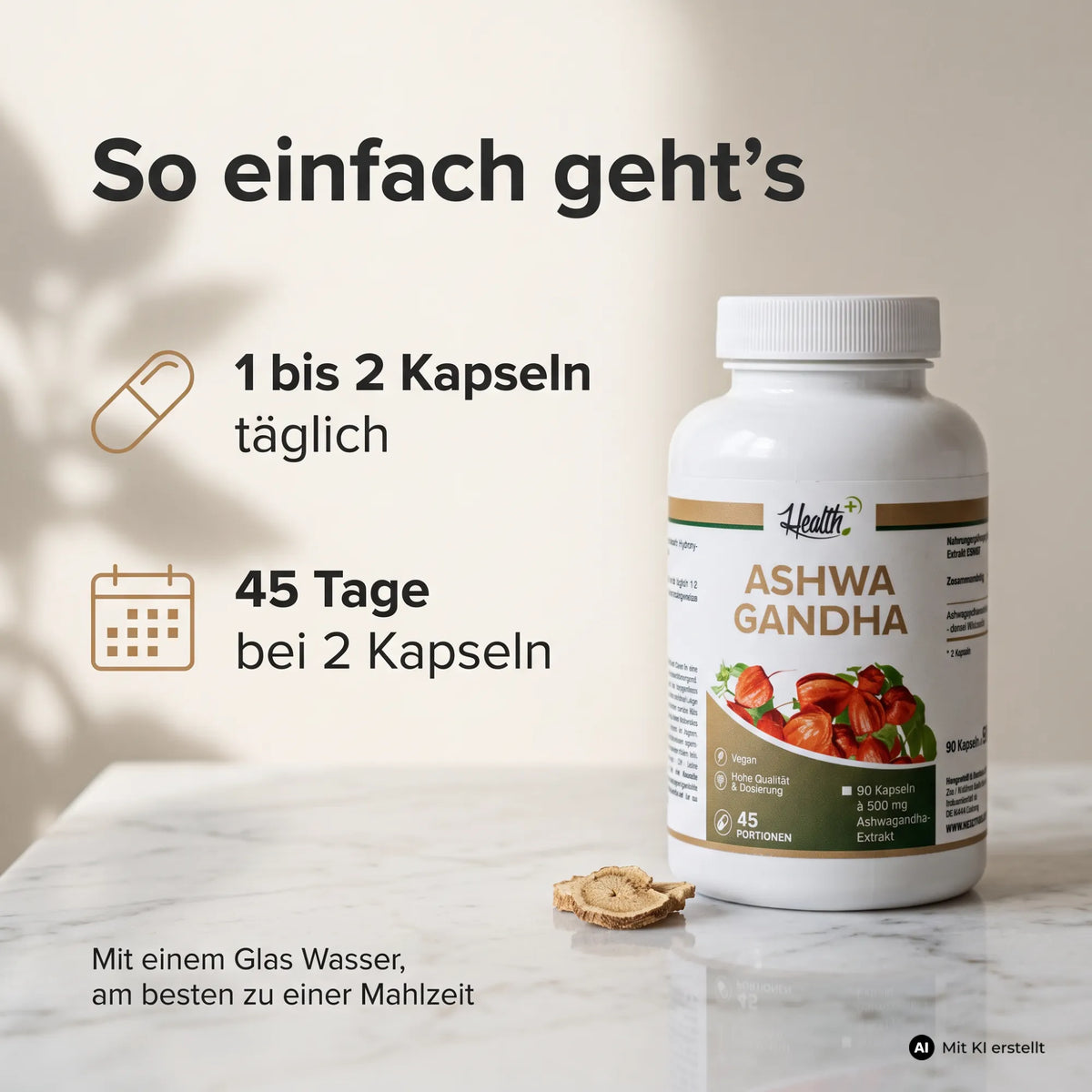 HEALTH+ ASHWAGANDHA mit KSM-66, 90 Kapseln