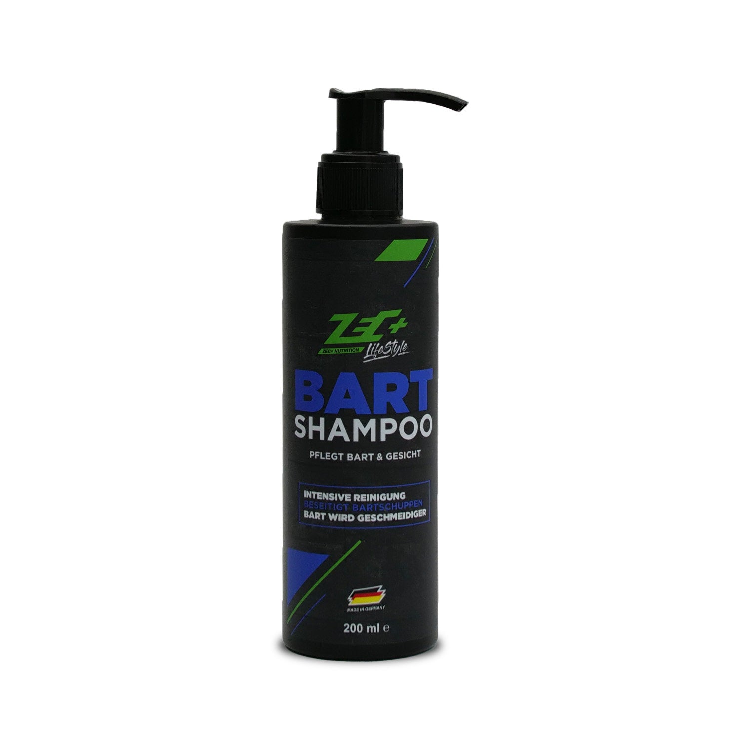 Zecplus Lifestyle Bartshampoo 200ml Vorderseite schwarze Flasche mit Pumpdosierer und Logo