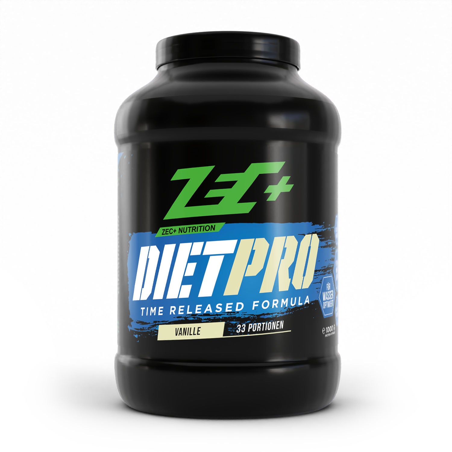 Zecplus Diet Pro Proteinpulver Vanille 1000g Vorderseite schwarze Kunststoffdose