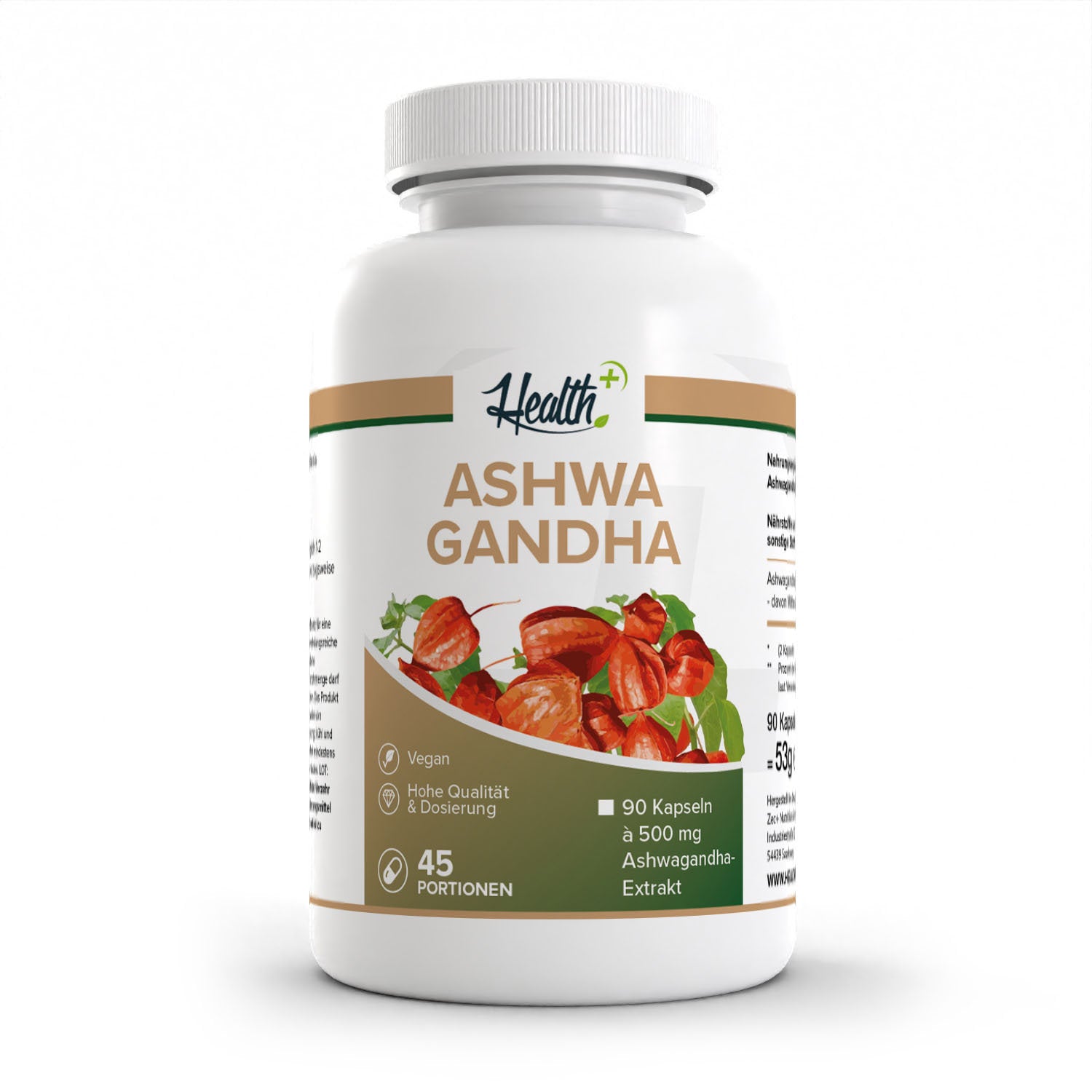 Healthplus Ashwagandha Kapseln 90 Stück Vorderseite weiße Kunststoffdose