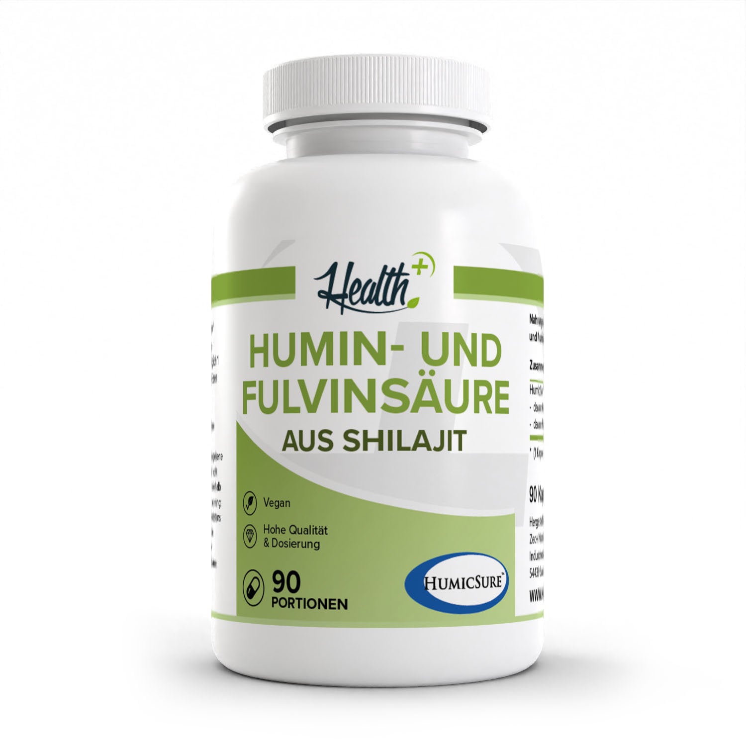 Healthplus Humin- und Fluvinsäure 90 Kapseln Vorderseite weiße Kunststoffdose