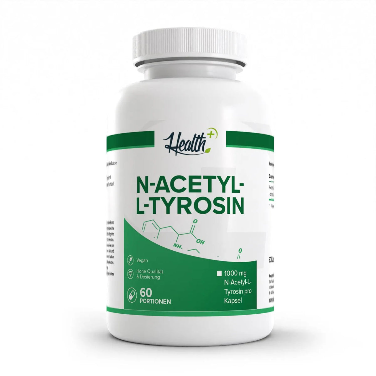 Healthplus N-Acetyl Tyrosin 60 Kapseln Vorderseite weiße Kunststoffdose