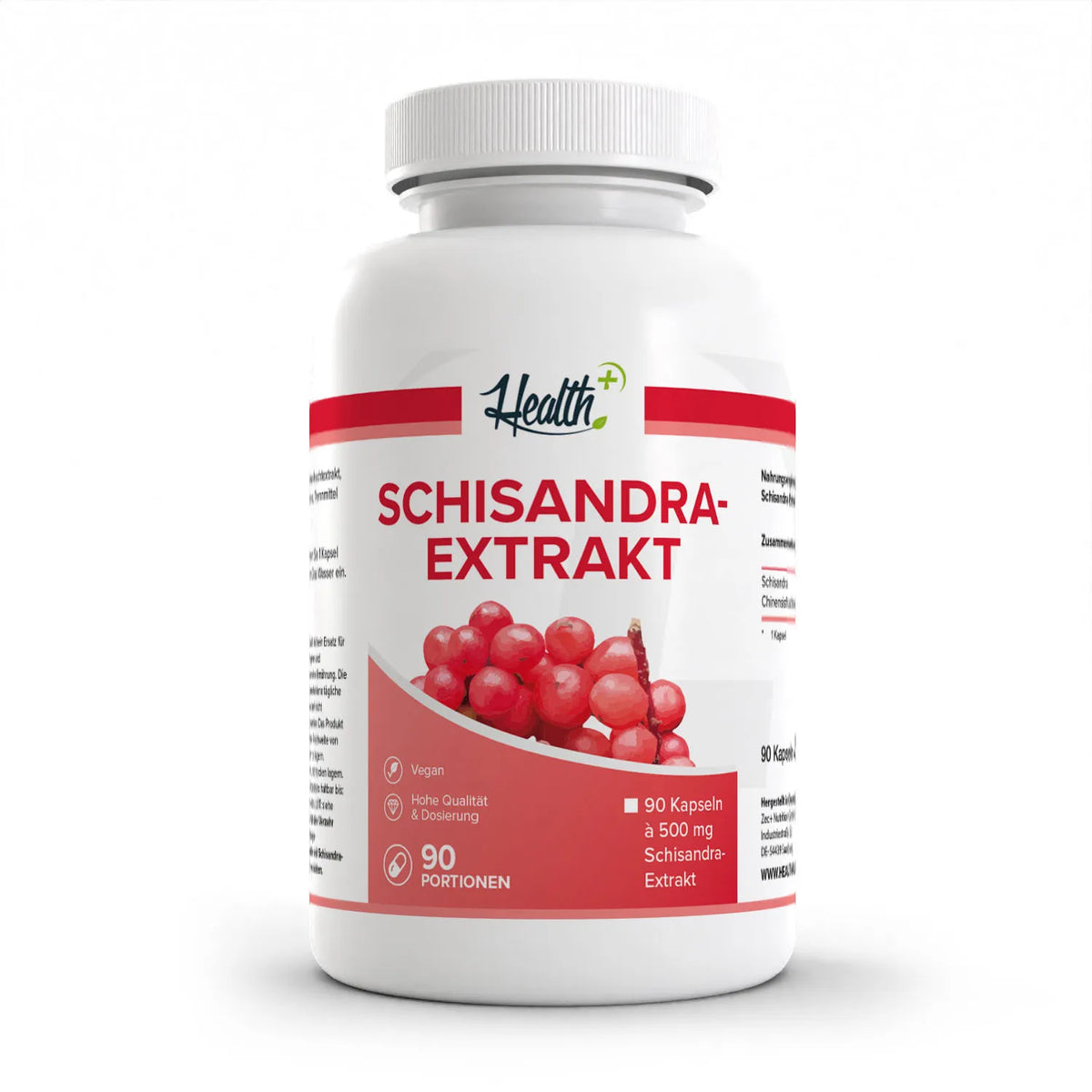 Healthplus Schisandra Extrakt 90 Kapseln Vorderseite weiße Kunststoffdose