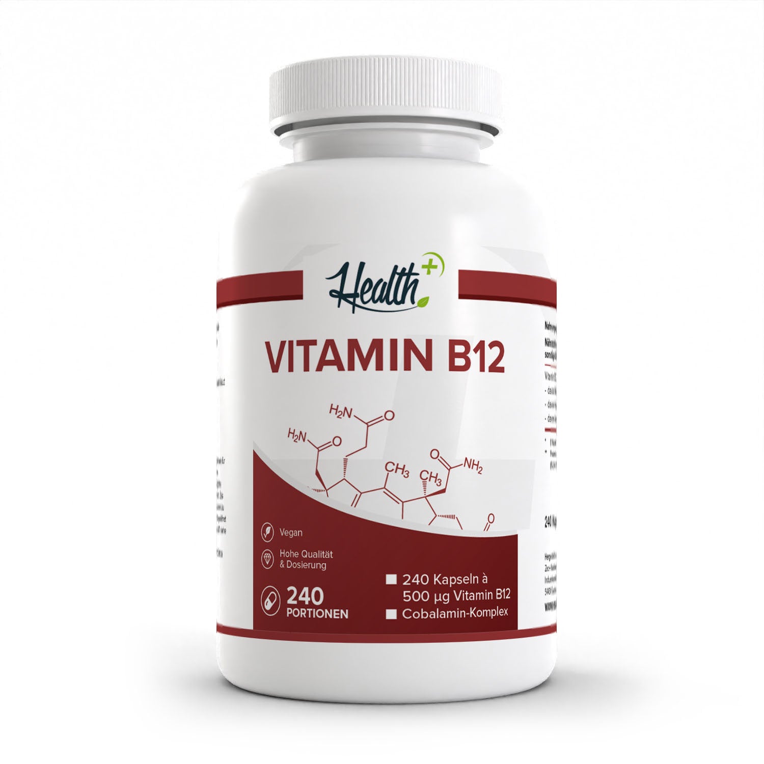 Healthplus Vitamin B12 240 Kapseln Rückseite Zutaten und Verzehrempfehlung weiße Kunststoffdose