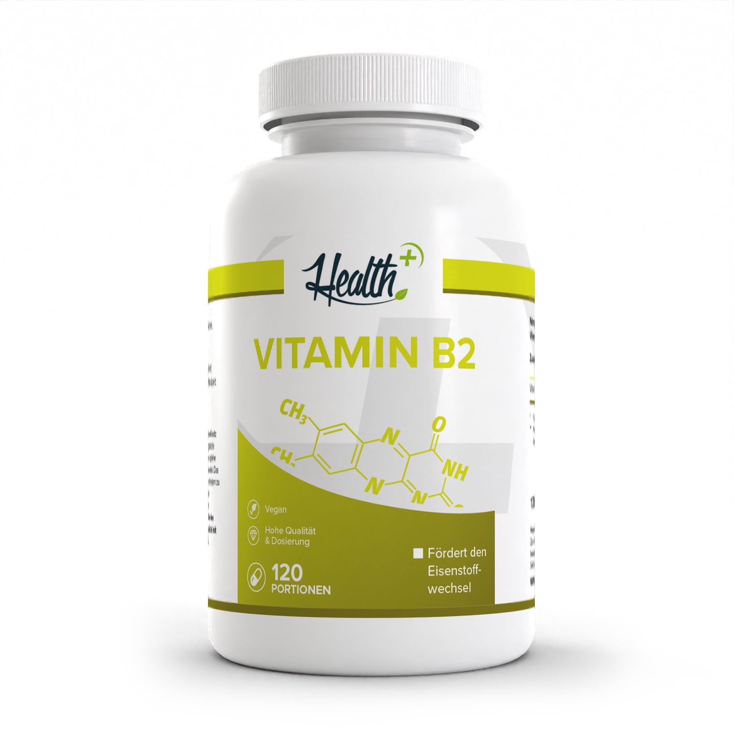 Healthplus Vitamin B2 120 Kapseln Vorderseite weiße Kunststoffdose