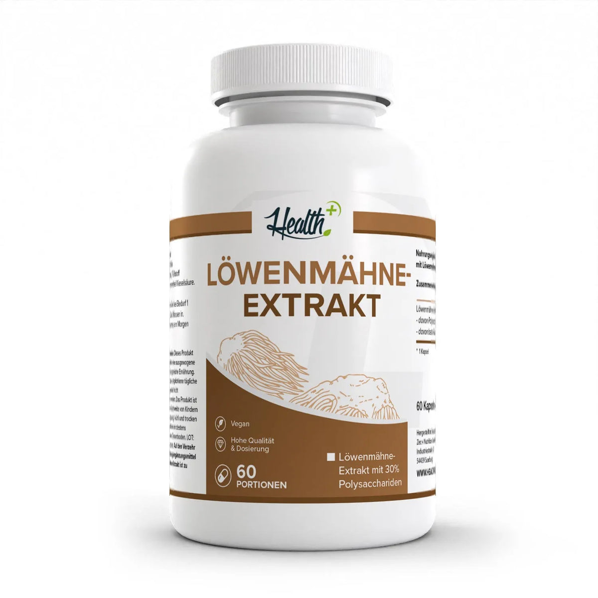 Healthplus Löwenmähne 60 Kapseln Vorderseite weiße Kunststoffdose