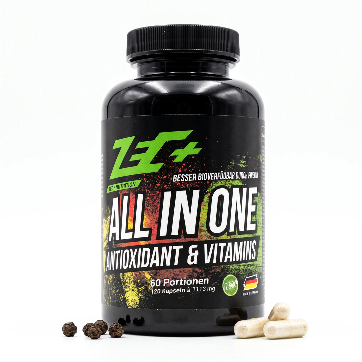 Zecplus All in One Antioxidant Vitamins Kapseln 120 Stück Vorderseite schwarze Kunststoffdose