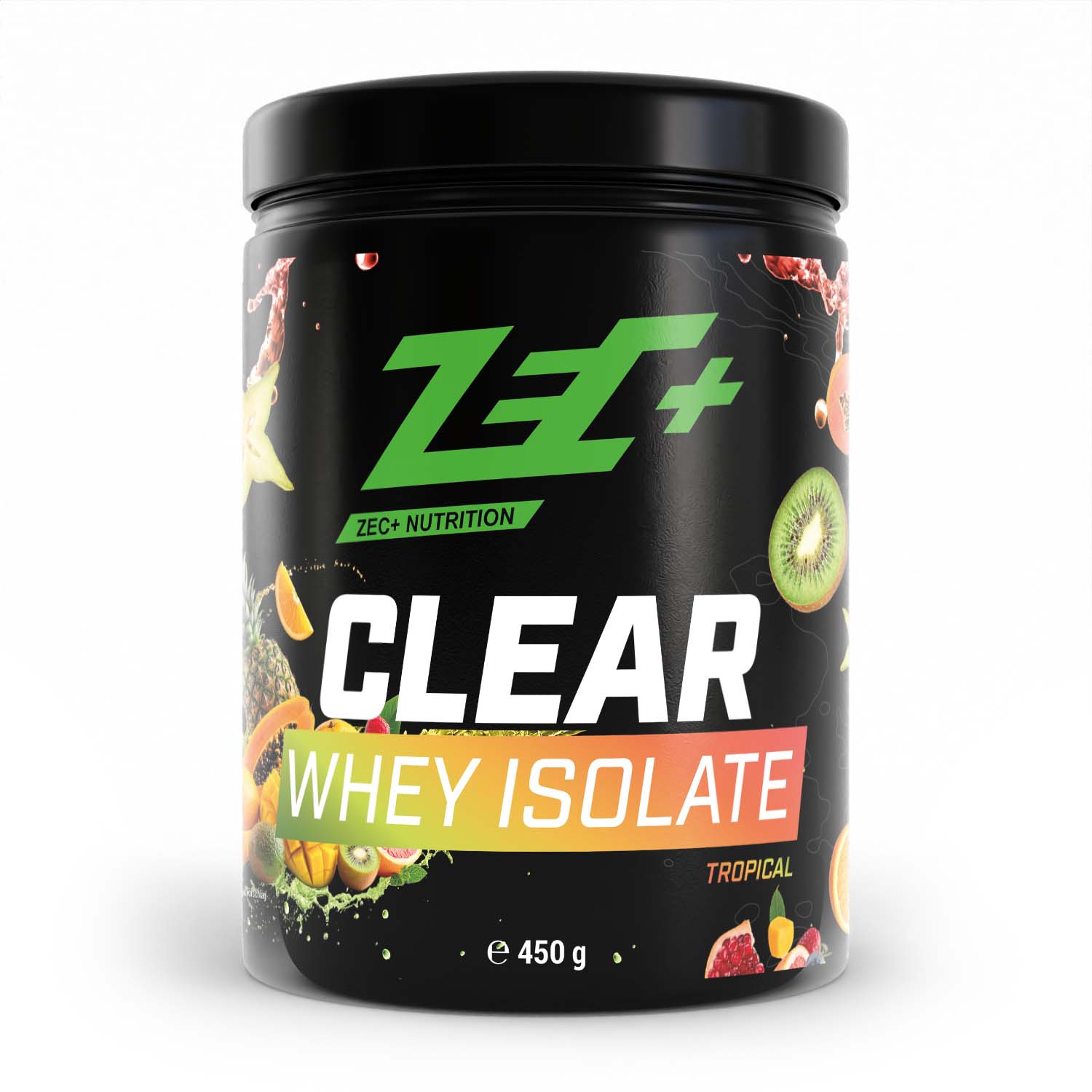 Zecplus Clear Whey Isolat Proteinpulver Tropical 450g Vorderseite schwarze Kunststoffdose
