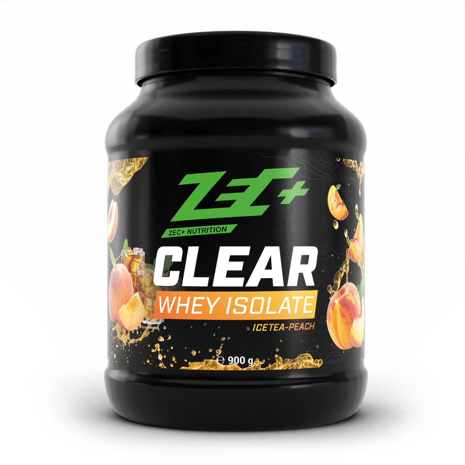 Zecplus Clear Whey Isolat Proteinpulver Eistee Pfirsich 900g Vorderseite schwarze Kunststoffdose