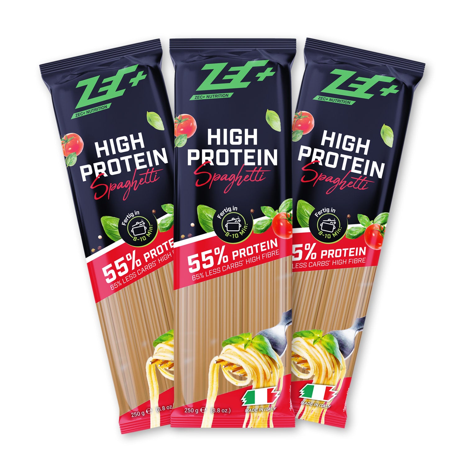 Zecplus High Protein Spaghetti 3 Packungen je 250g Vorderseite Kunststoffverpackung