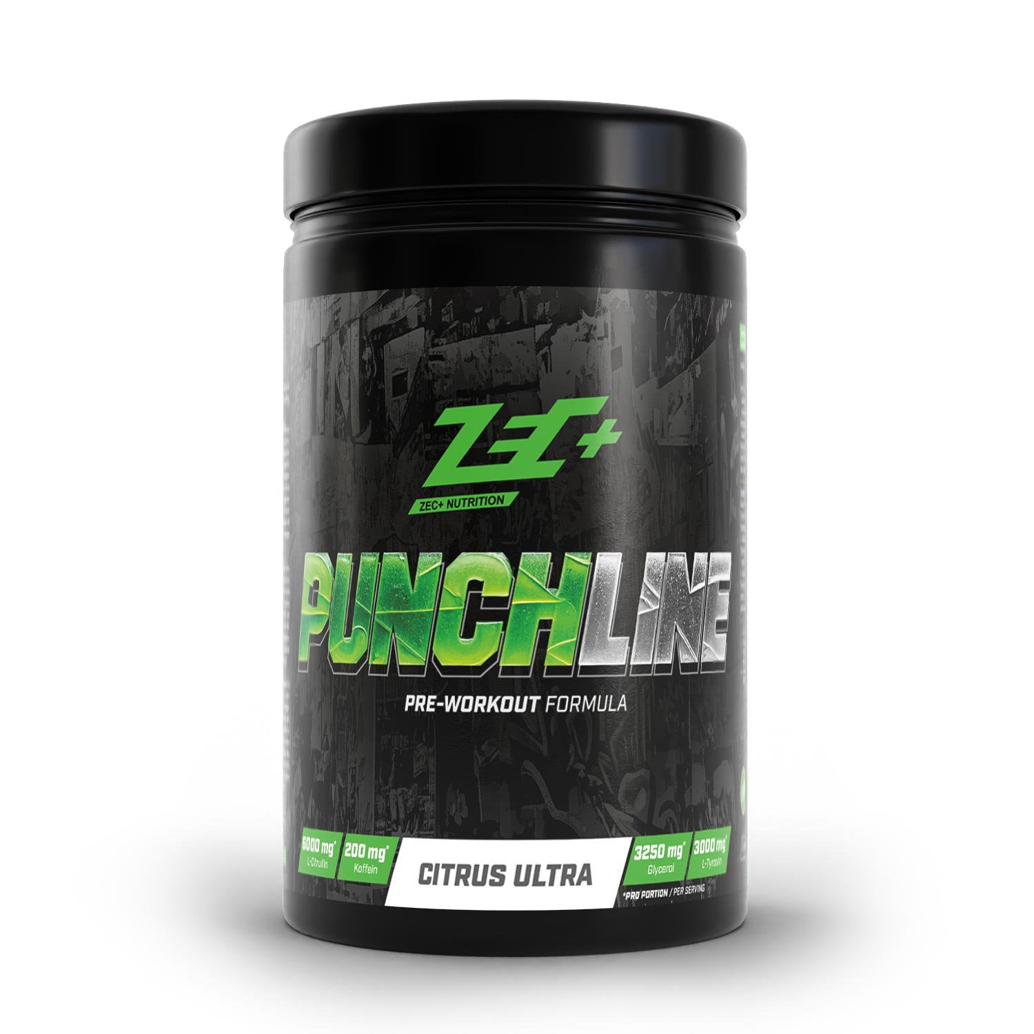 Zecplus Punchline Pre Workout Booster Citrus Ultra 420g Pulver Vorderseite schwarze Kunststoffdose