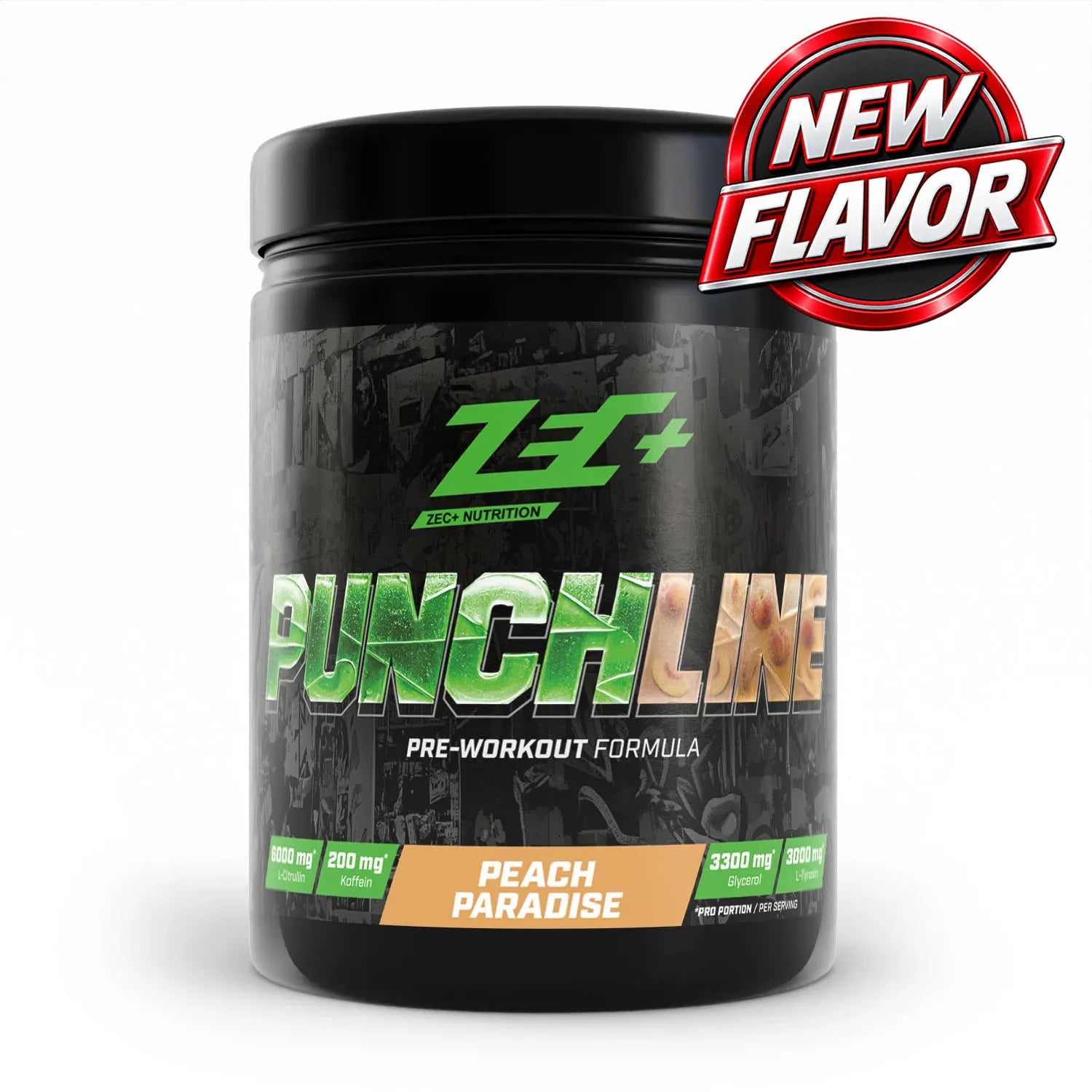 Zecplus Punchline Pre Workout Booster Peach Paradise 440g Pulver Vorderseite schwarze Kunststoffdose