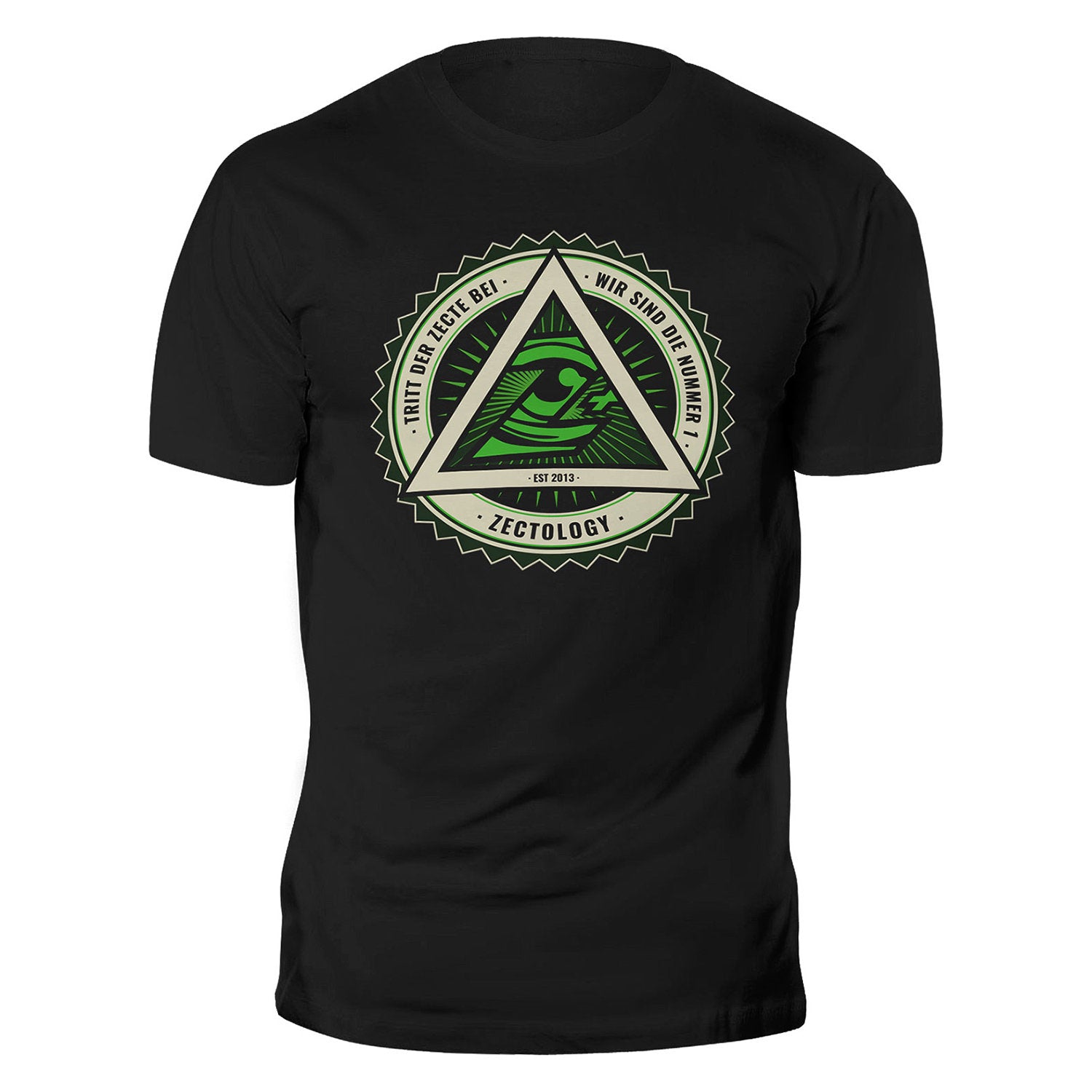 Schwarzes Herren T-Shirt mit grün-weißem Zectology-Symbol-Print auf der Vorderseite