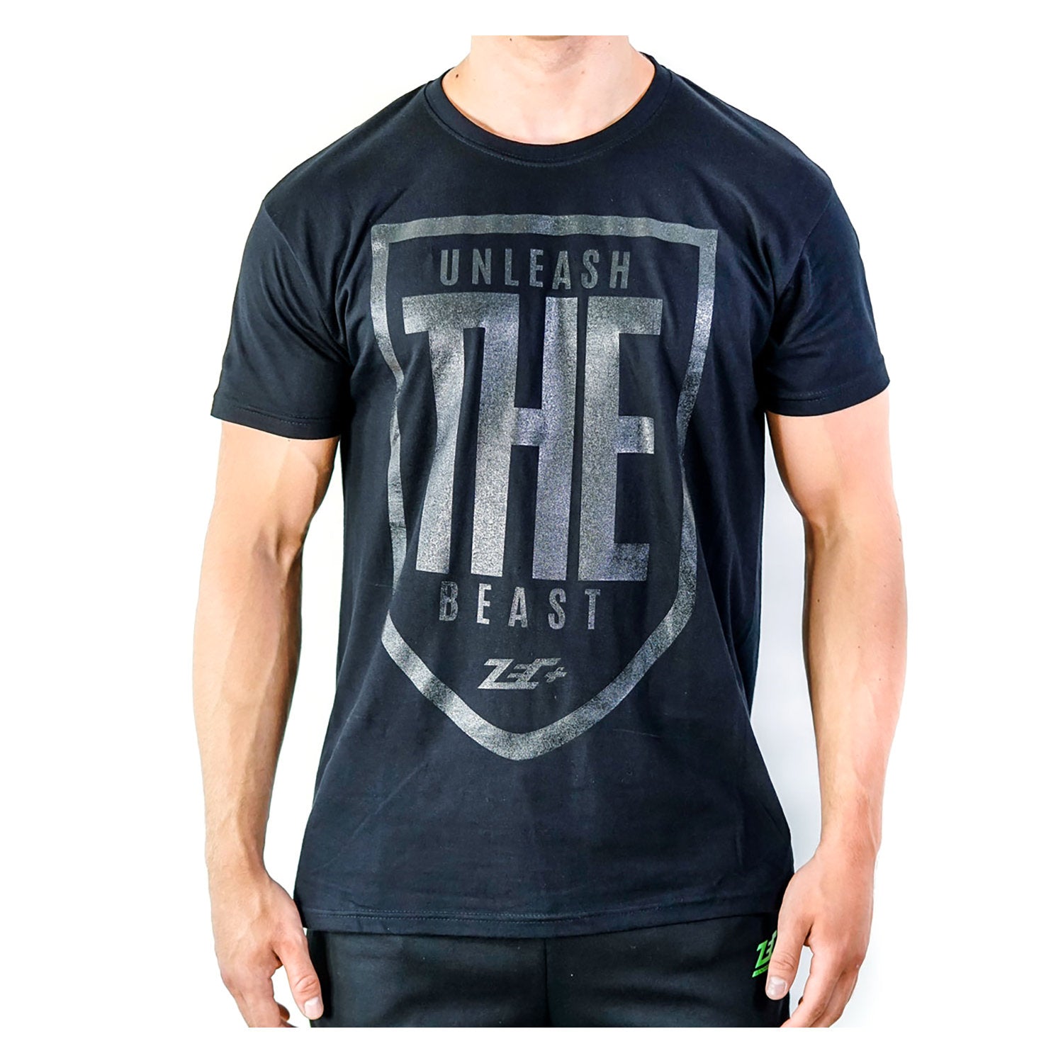 Schwarzes Zec+ Herren T-Shirt mit großem Frontdruck Unleash The Beast in silbergrauem Design.