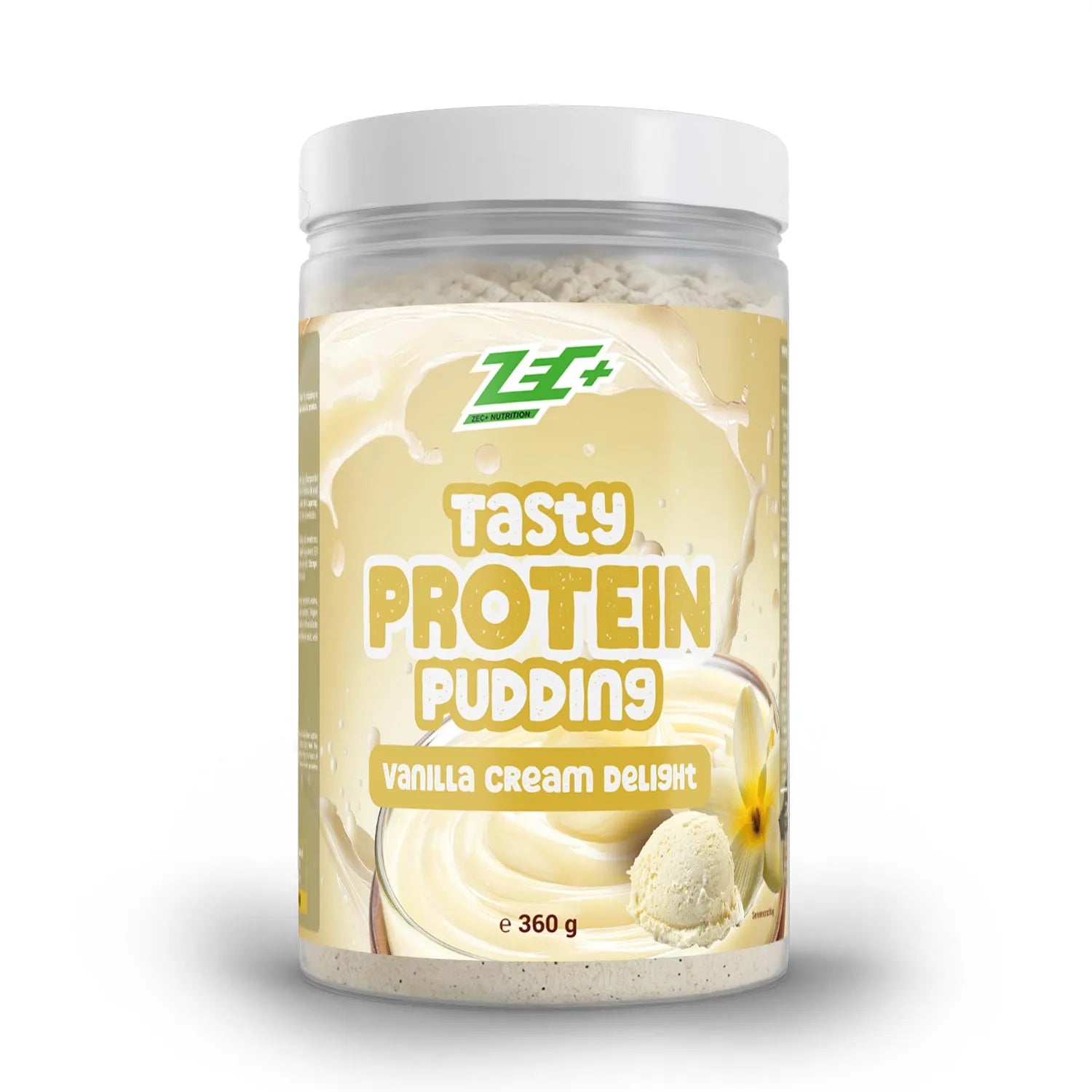 Zecplus Tasty Proteinpudding Vanille 360g Pulver Vorderseite weiße Kunststoffdose