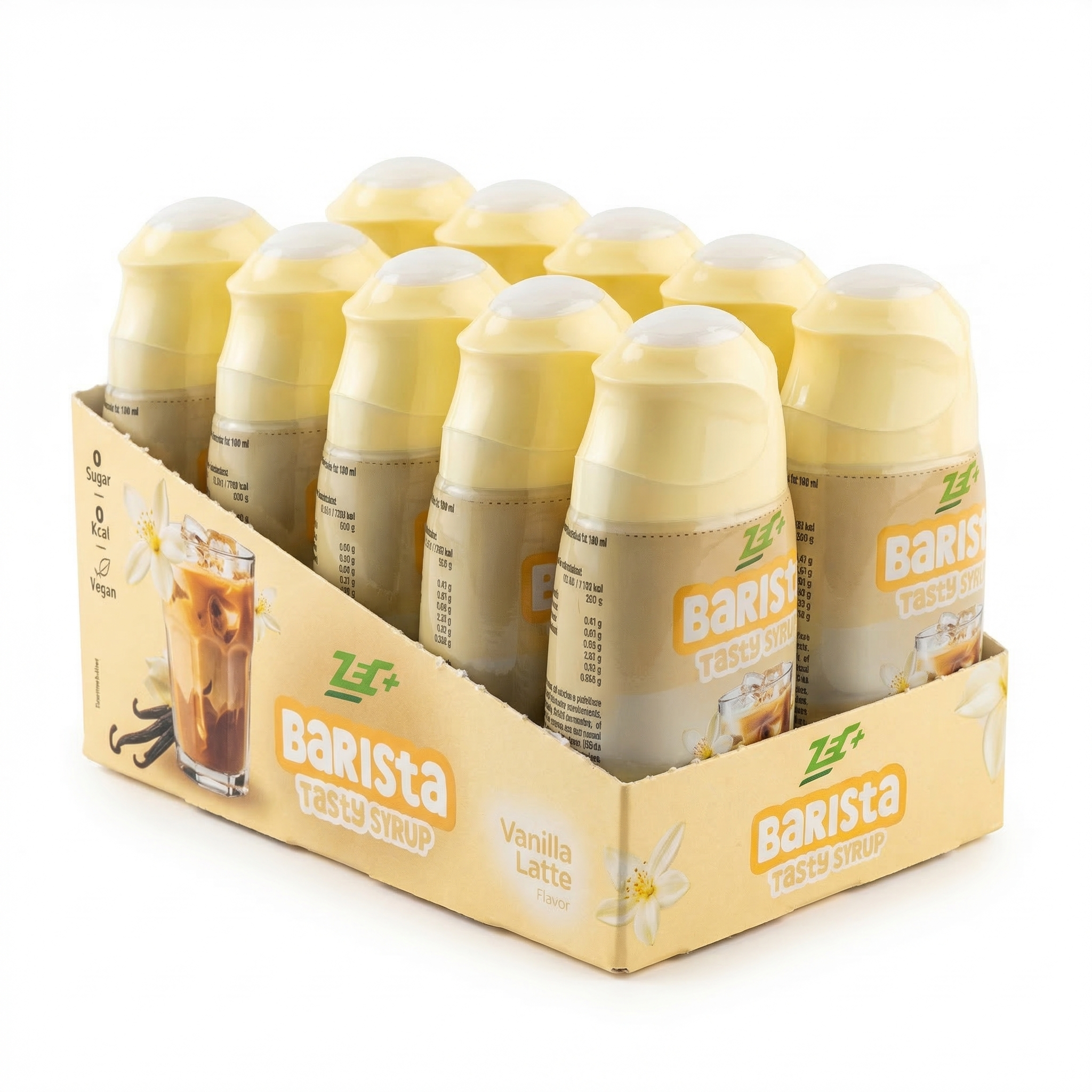 Zecplus Tasty Sirup Barista Flavour Drops Geschmack Vanilla Latte Vorderansicht Tray mit 10 Stück weiß-transparenten Dosierflaschen je 65ml mit gelbem Label