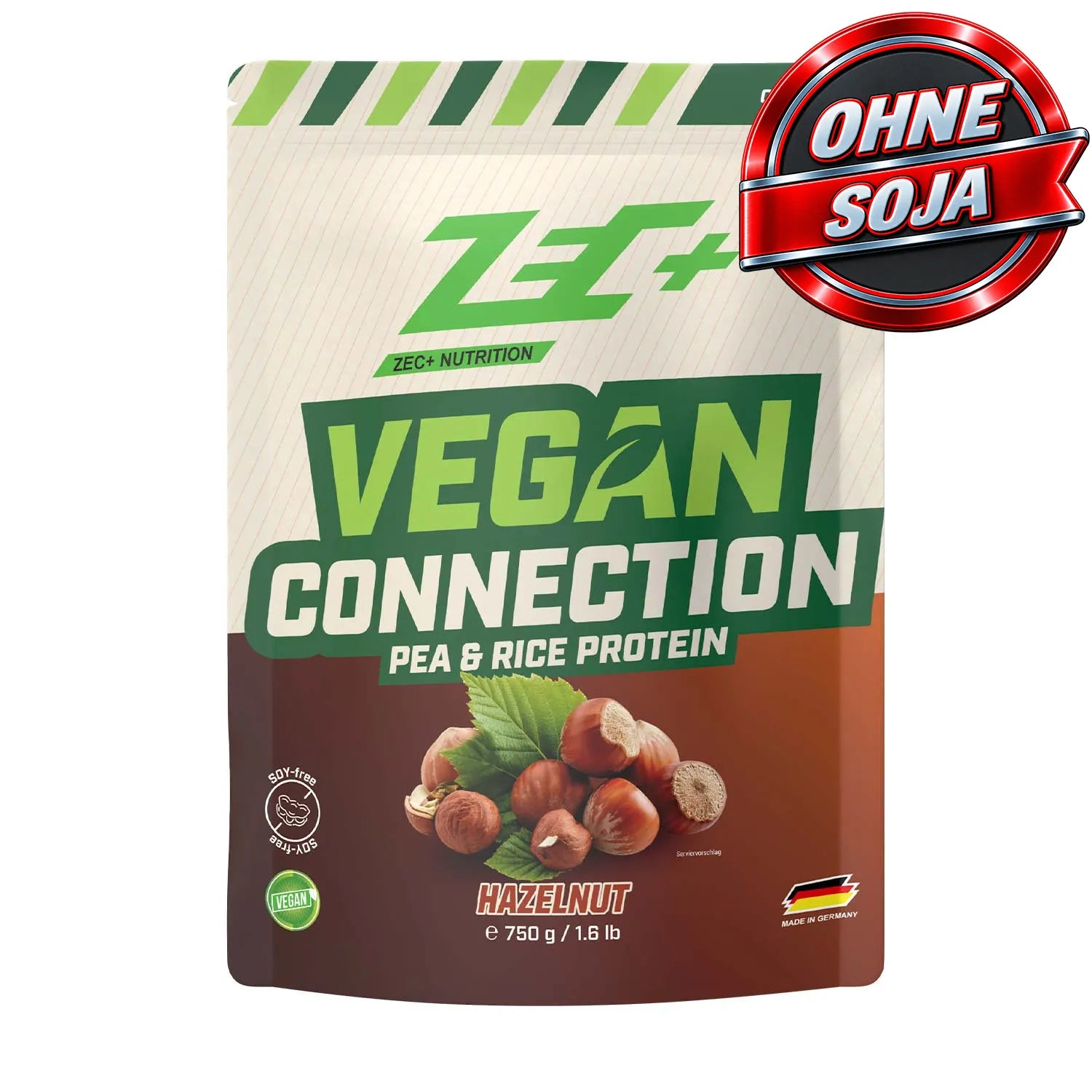 Zecplus Vegan Connection Haselnuss 750g Eiweißpulver Vorderseite beiger Standbeutel 