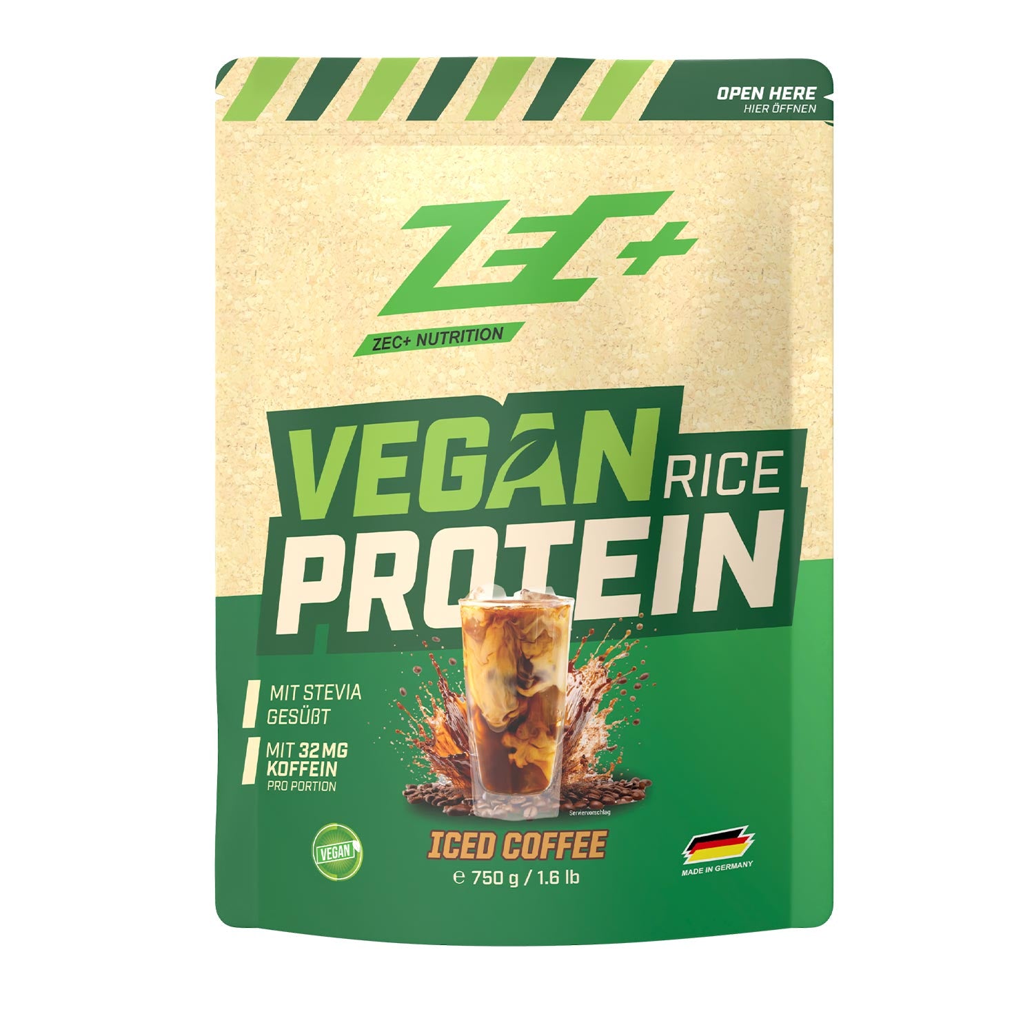 Zecplus Vegan Rice Protein Eiskaffee 750g veganes Proteinpulver Vorderseite gelb-grüner Standbeutel