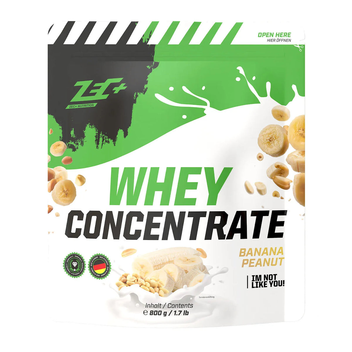 Zecplus Whey Concentrate Banane Erdnuss 800g Proteinpulver Vorderseite grün-weißer Standbeutel