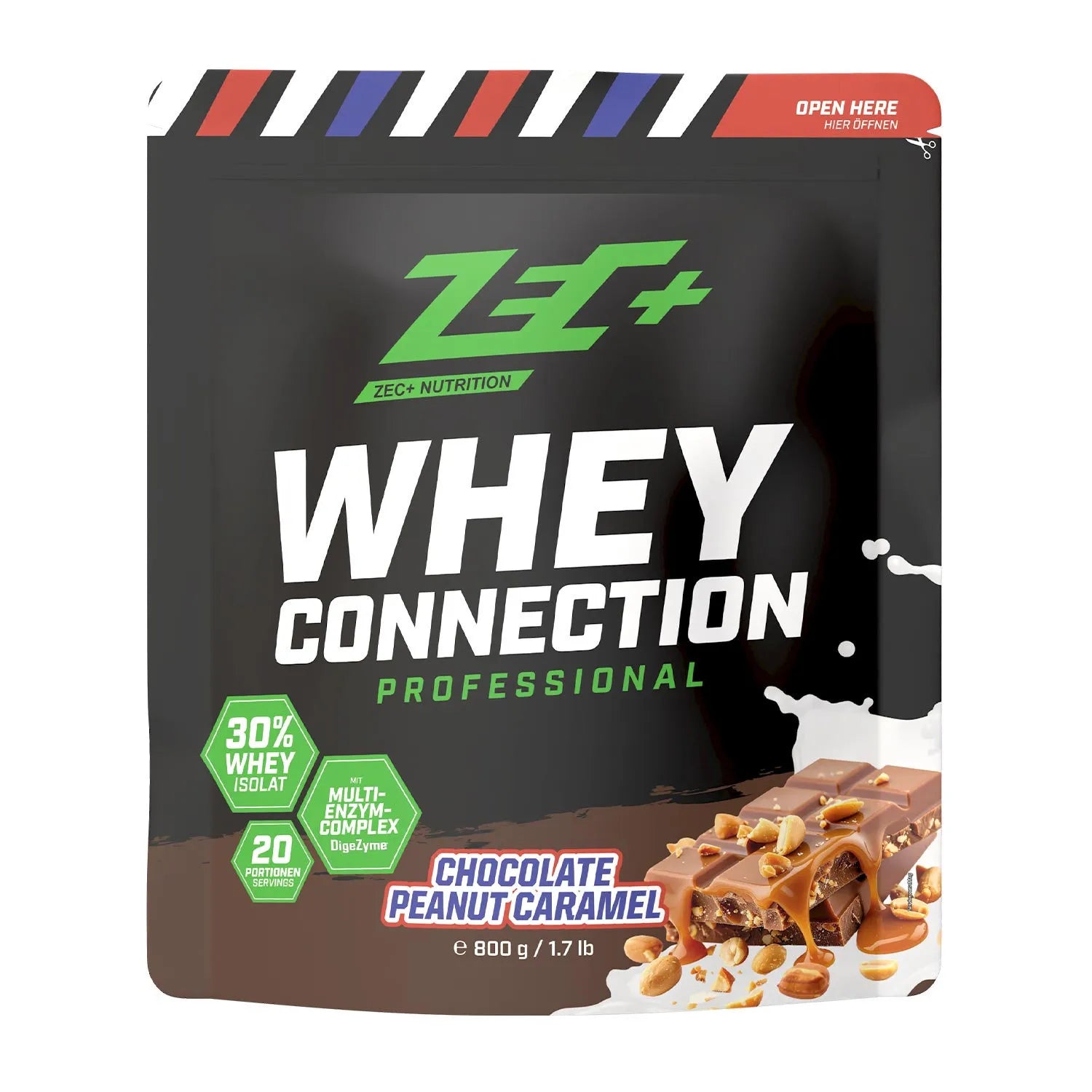 Zecplus Whey Connection Schokolade Erdnuss Karamell 800g Proteinpulver Vorderseite schwarzer Standbeutel