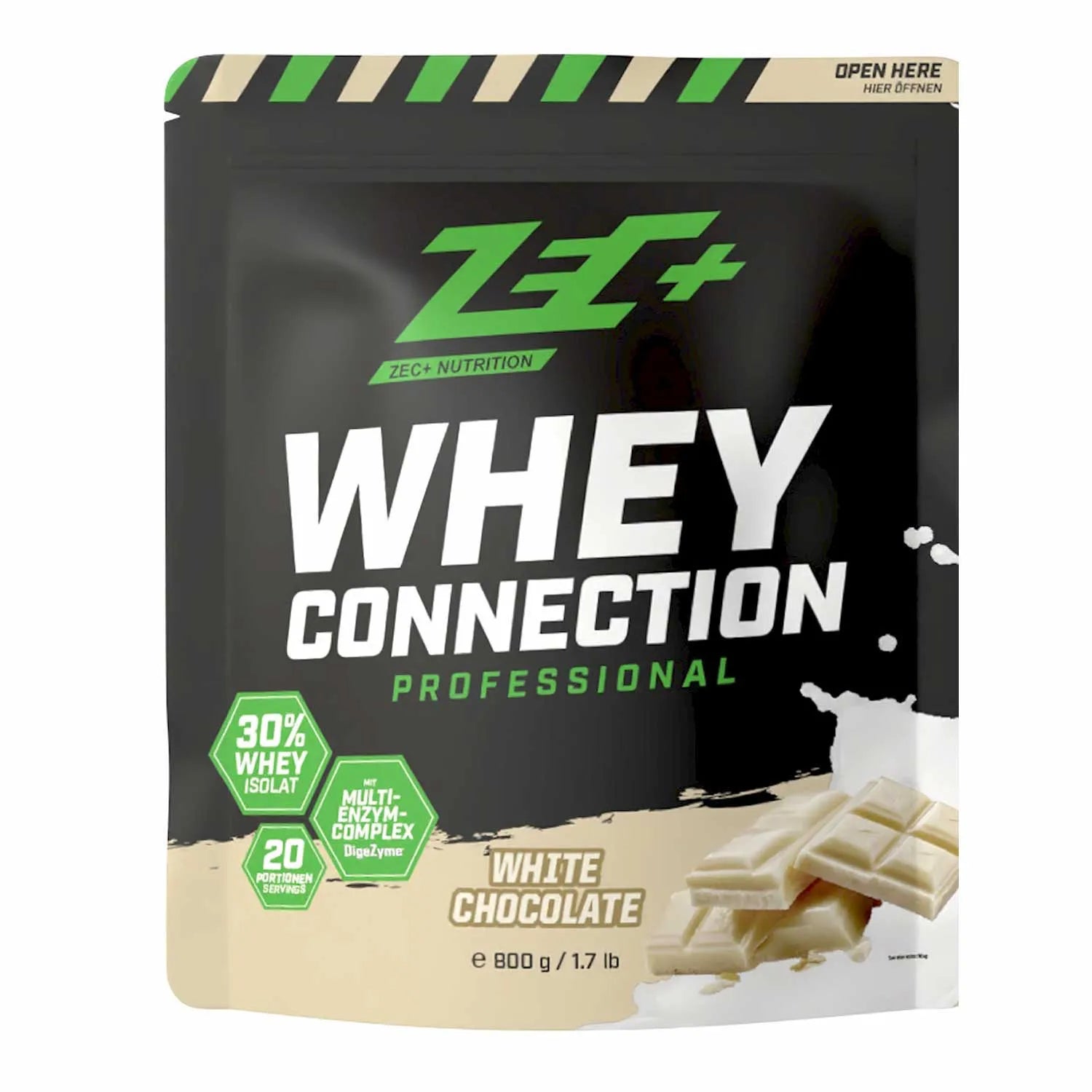 Zecplus Whey Connection Weiße Schokolade 800g Proteinpulver Vorderseite schwarzer Standbeutel