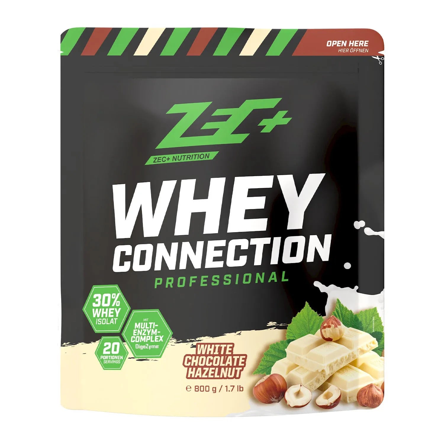 Zecplus Whey Connection Weiße Schokolade Haselnuss 800g Proteinpulver Vorderseite schwarzer Standbeutel