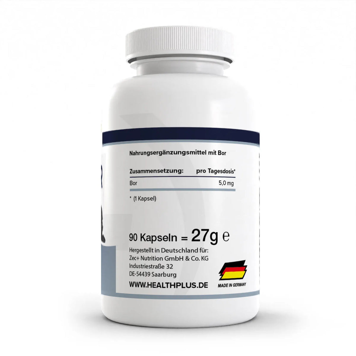 Healthplus Bor Kapseln 90 Stück Rückseite Nährwerte weiße Kunststoffdose