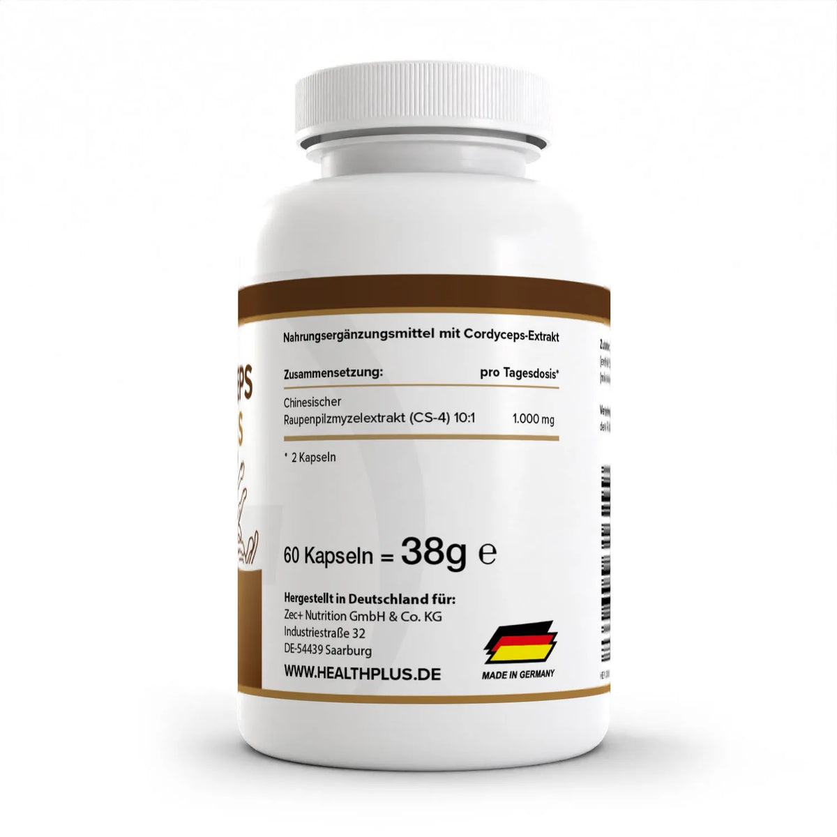 Healthplus Cordyceps Synergy Pilzextrakt Kapseln 60 Stück Rückseite Nährwerte weiße Kunststoffdose