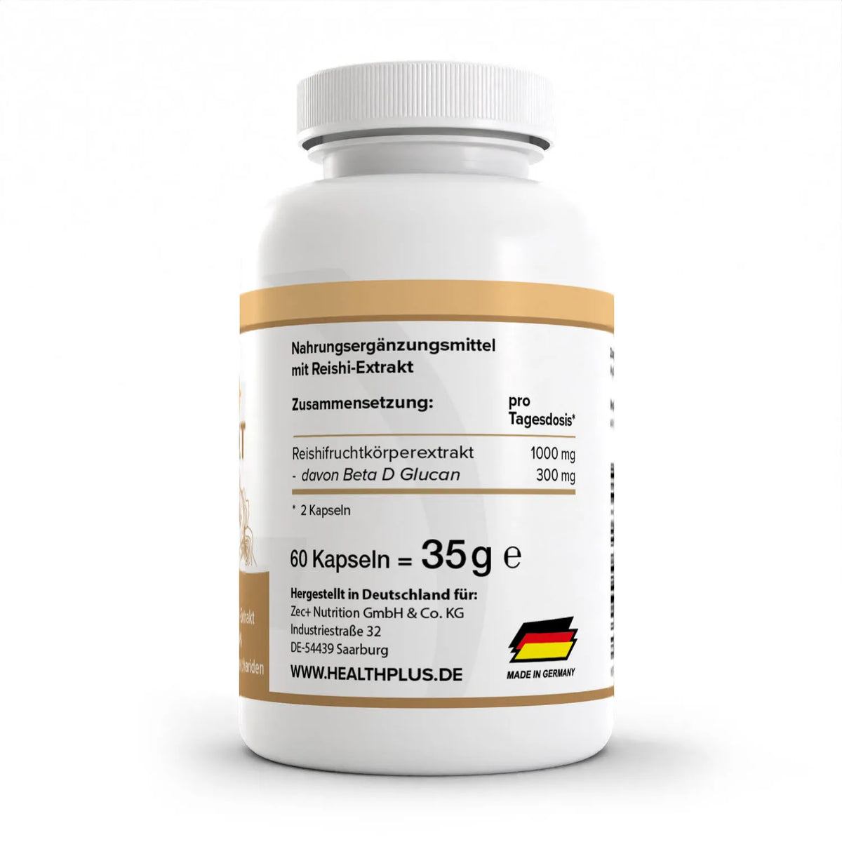 Healthplus Reishi Extrakt 60 Kapseln Rückseite Nährwerte Zusammensetzung weiße Kunststoffdose