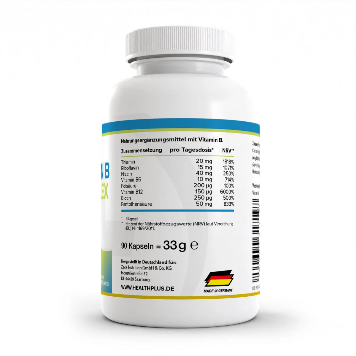 Healthplus Vitamin B Komplex 90 Kapseln Rückseite Nährwerte Zusammensetzung weiße Kunststoffdose