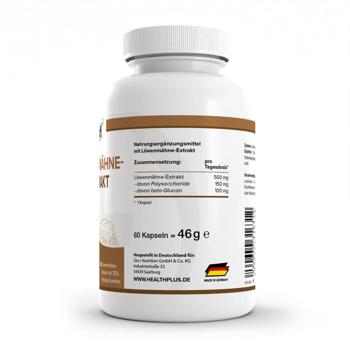 Healthplus Löwenmähne 60 Kapseln Rückseite Nährwerte Zusammensetzung weiße Kunststoffdose