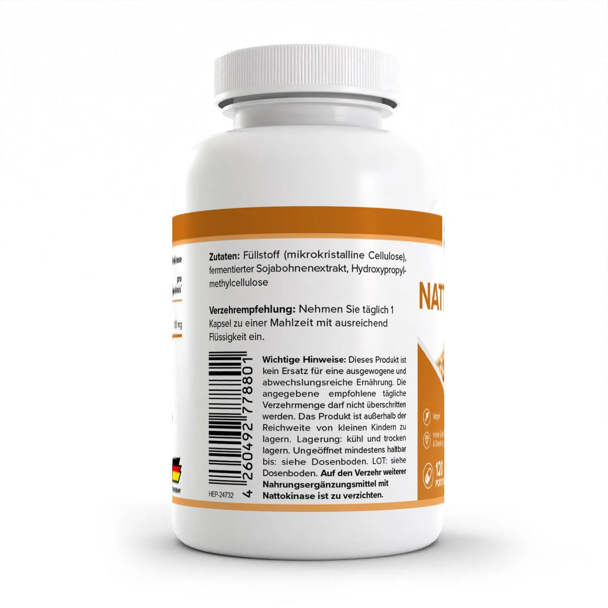 Healthplus Nattokinase 120 Kapseln Rückseite Zutaten und Verzehrempfehlung weiße Kunststoffdose