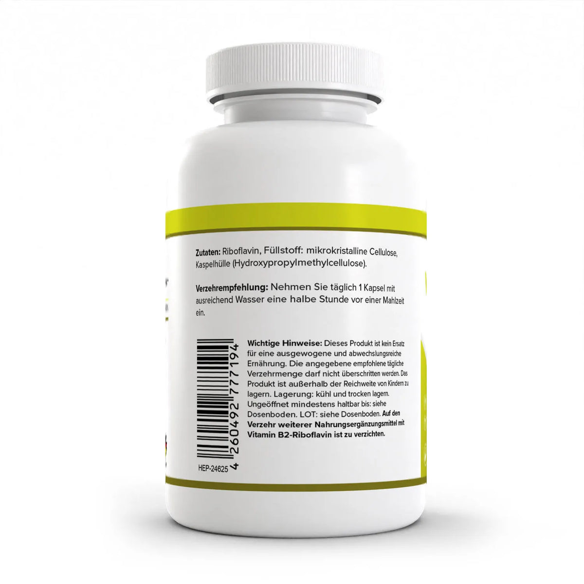 Healthplus Vitamin B2 120 Kapseln Rückseite Zutaten und Verzehrempfehlung weiße Kunststoffdose