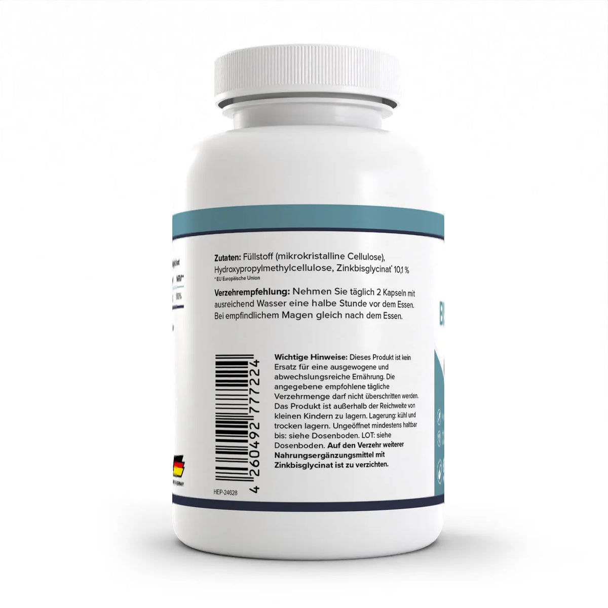 Healthplus Zinkbisglycinat 120 Kapseln Rückseite Zutaten und Verzehrempfehlung weiße Kunststoffdose