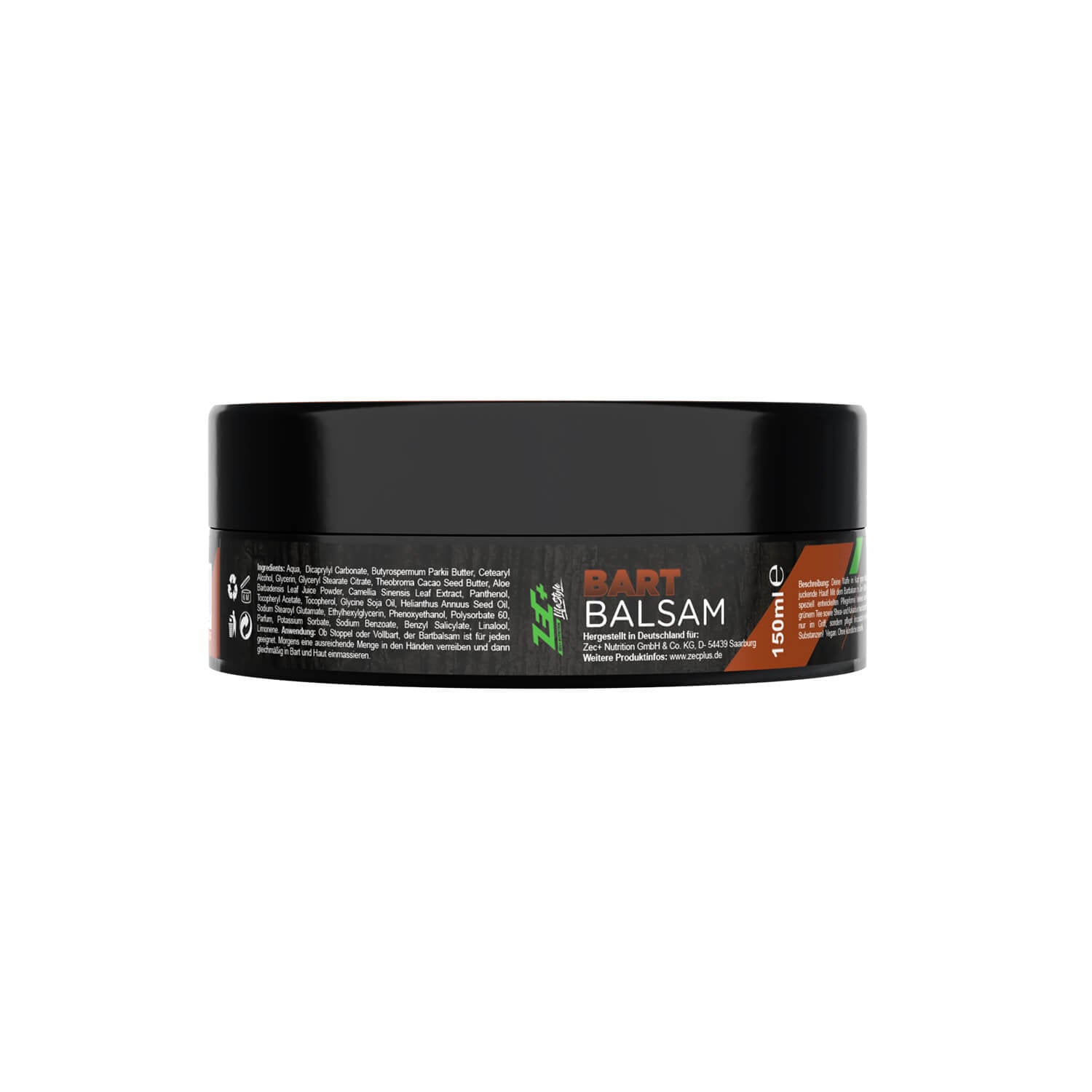 Zecplus Lifestyle Bart Balsam Seitenansicht schwarze Dose mit Inhaltsstoffangaben 150ml Etikett