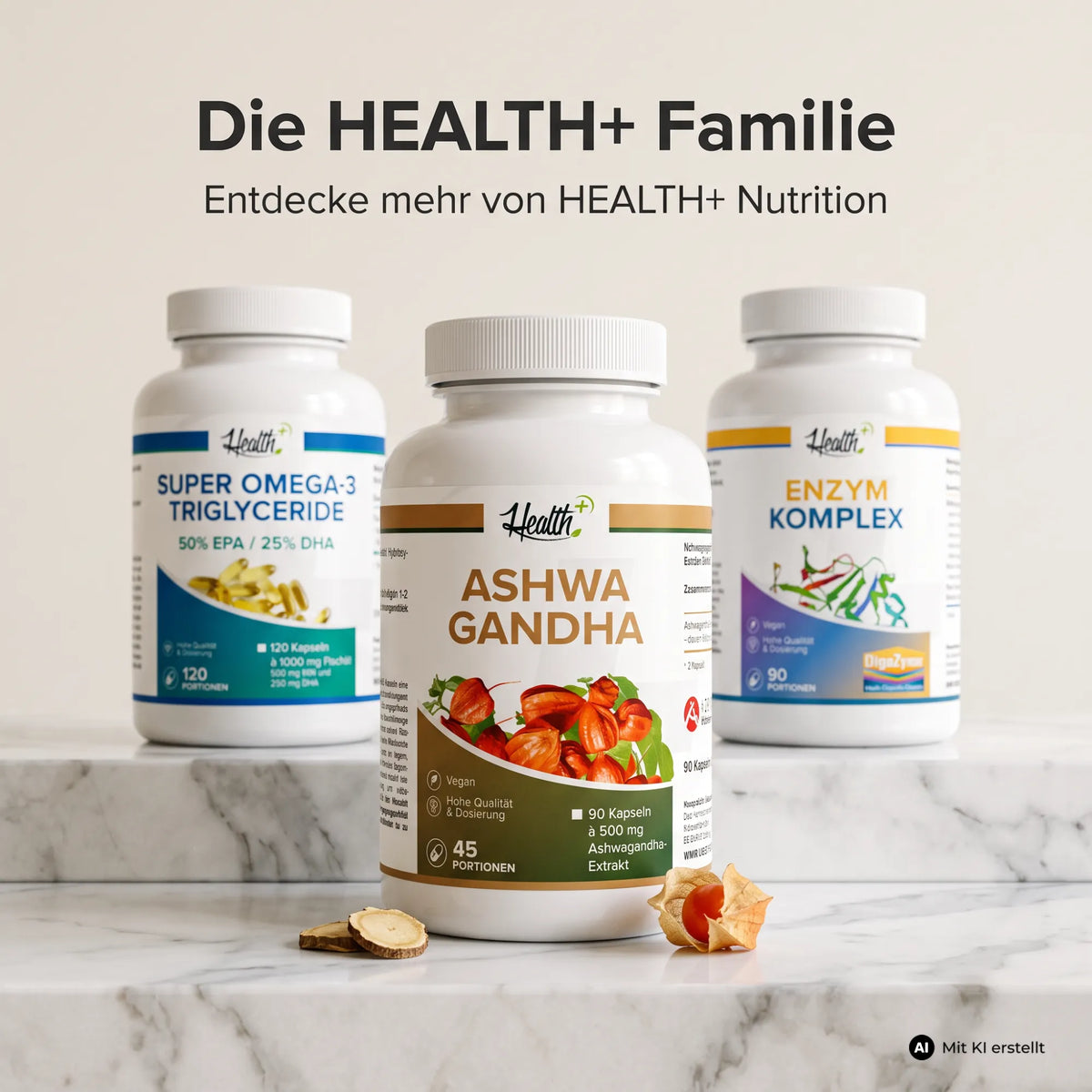 HEALTH+ ASHWAGANDHA mit KSM-66, 90 Kapseln